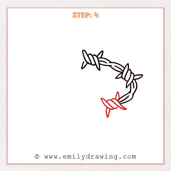 how to draw a barbed wire - Step 4: The barbed wire curves downward in an arc and a third barbed knot is added along the curve.